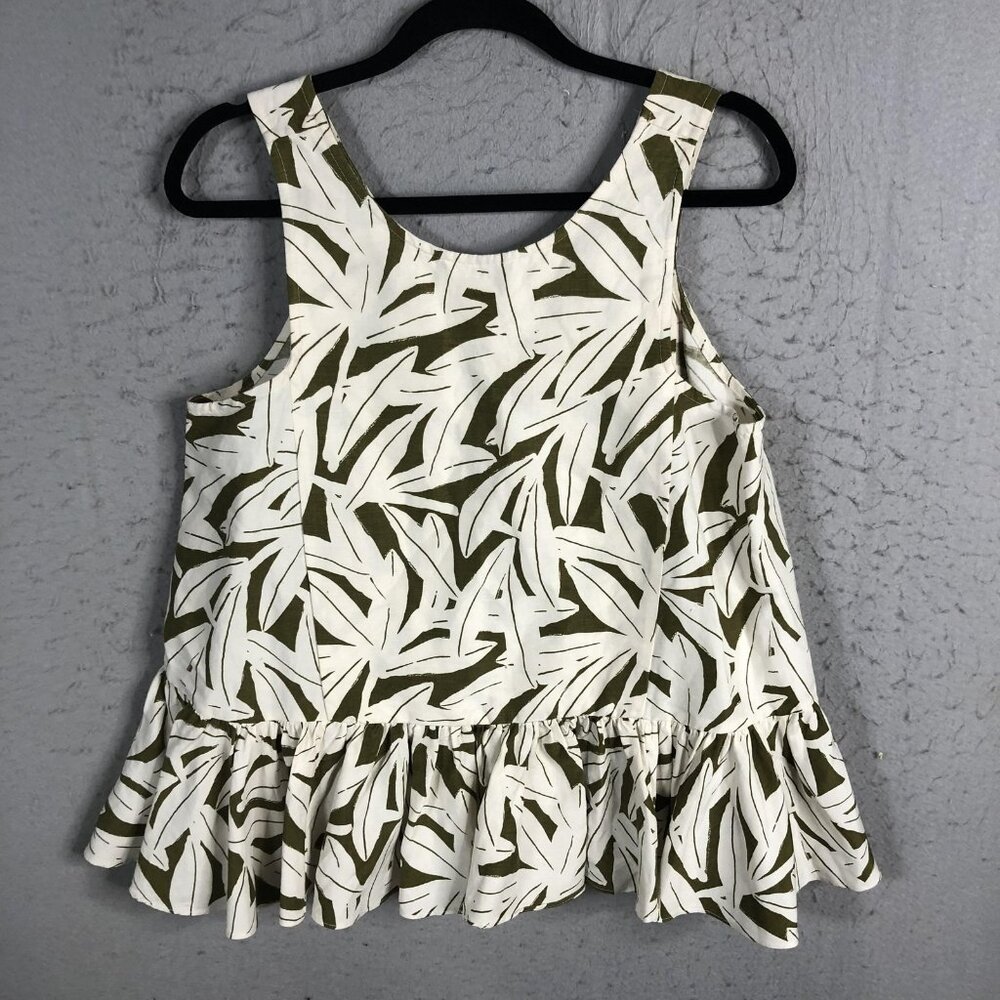 Whit Tank Top Womens Medium White Green Leaf Print Linen Silk Ruffle Hem Blouse